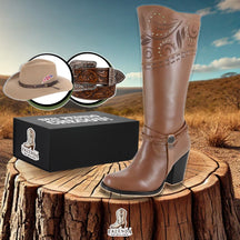 Kit Bota Country Bella em Couro Legítimo e Robusto + BRINDES: Chapéu e Cinto