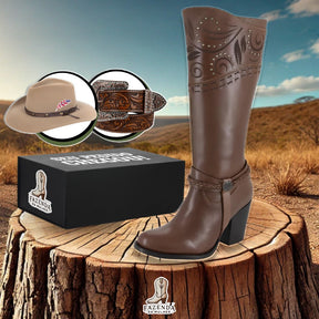 Kit Bota Country Bella em Couro Legítimo e Robusto + BRINDES: Chapéu e Cinto