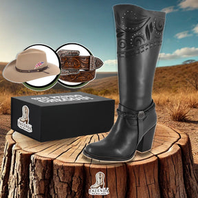 Kit Bota Country Bella em Couro Legítimo e Robusto + BRINDES: Chapéu e Cinto